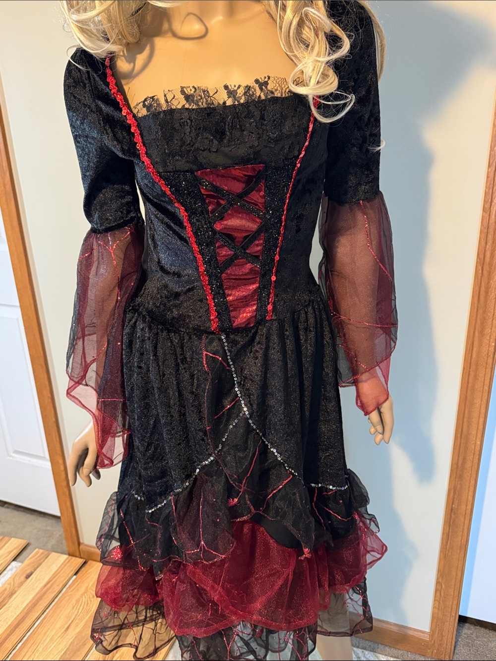 Women's Black and Burgundy Witch Costume Dress with Matching Hat - Picture 2 of 7